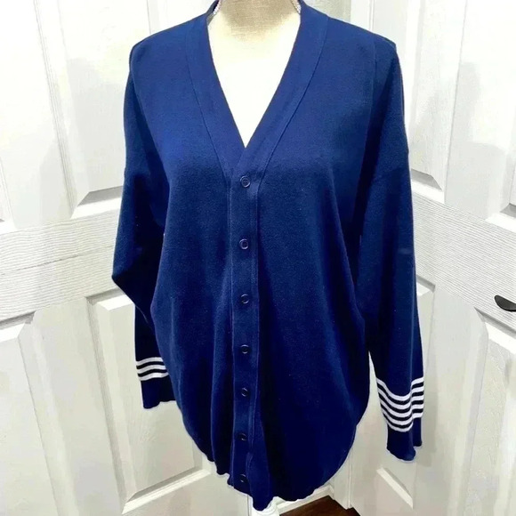 Joan Vass USA navy blue with white stripes nautical beachy cardigan button front - Picture 1 of 9